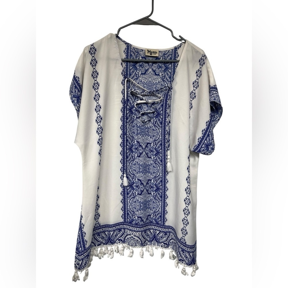 Show Me Your Mumu Original Mumu Lace Up Blue Paisley Tunic L